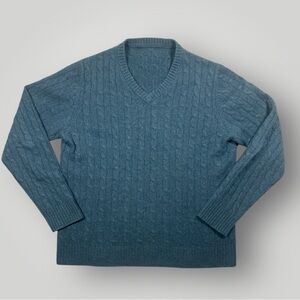 Womens 100% Cashmere Cable Knit V Neck Sweater Teal Blue XL Soft Luxury